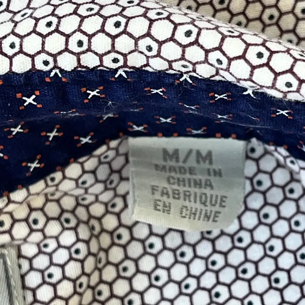 SQ Sqwear Button Front Shirt Men's Medium White Maroon Blue Hexagon Print L/S